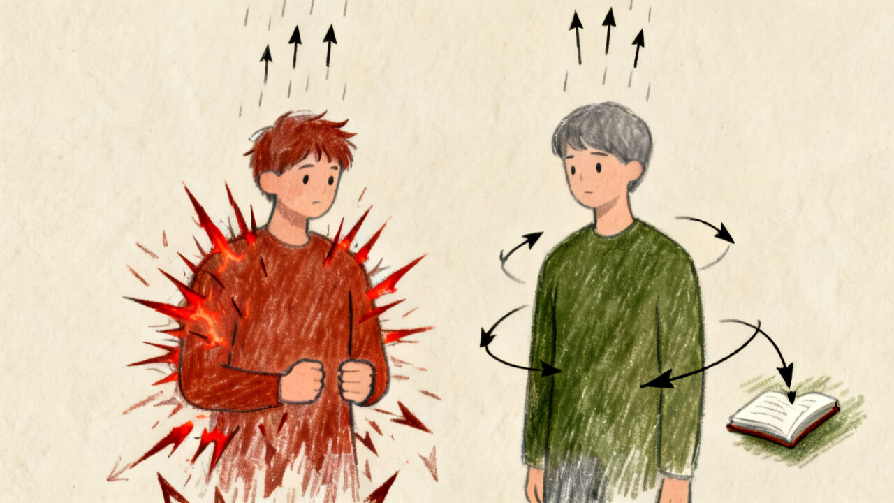 The same three stimulus arrows (a big candlestick drop / a word of criticism / a dissenting opinion): the person whose ego is pinned to "I must be right" inflames all over; the person pinned to objective fact records the stimulus as a data point for updating the assessment