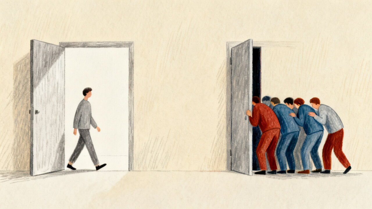 The same door in two states: normally the door is wide, walk whenever you want, at your price; when liquidity dries up everyone exits at once, the door narrows, and it lets people through at the door's price