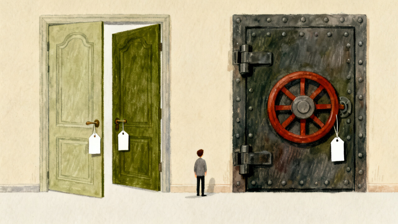 Two doors: a two-way door — if you're wrong you just back out, regret tax of a few basis points; a one-way door — free to enter, but a fortune to exit, or no exit at all