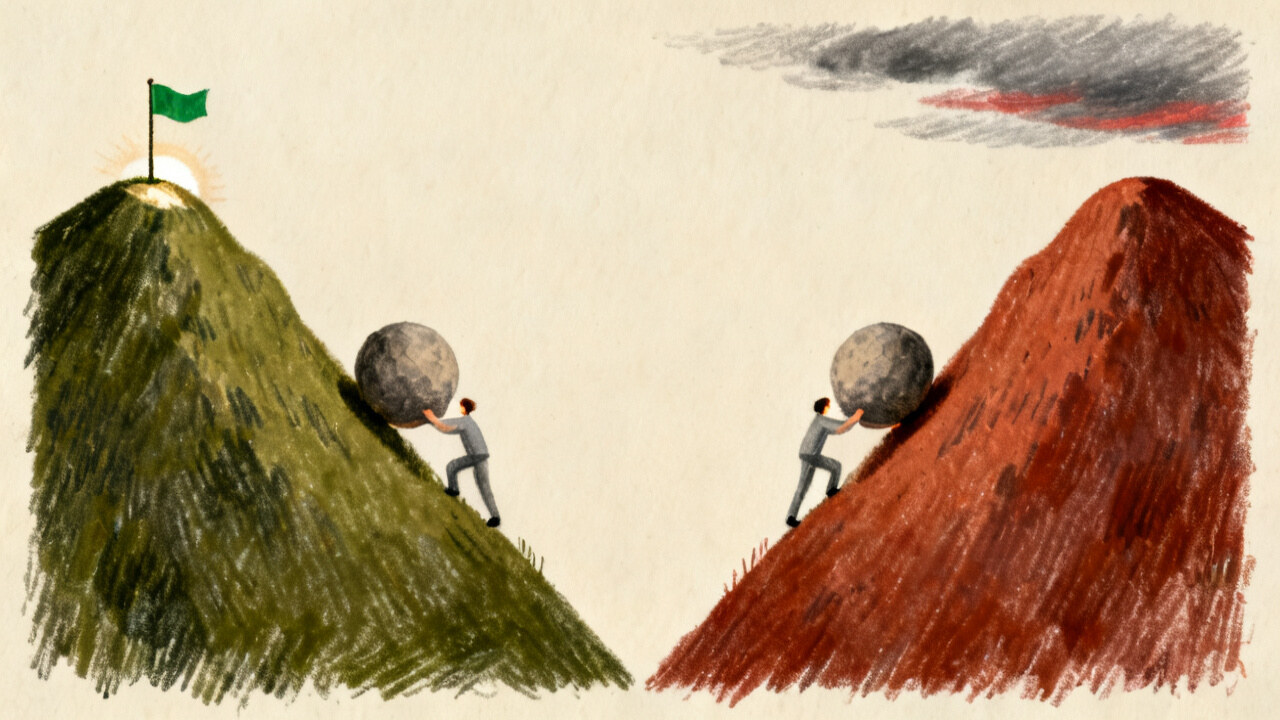 Two identical people pushing a boulder up a hill: the one who succeeds is called "perseverant," the one who doesn't is called "stubborn" — their behavior at this moment is exactly the same
